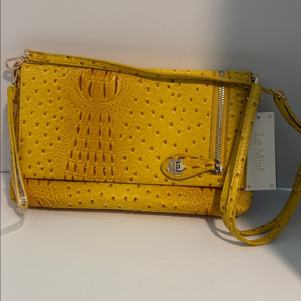 Le Miel Faux Ostrich Mustard Yellow Crossbody Bag